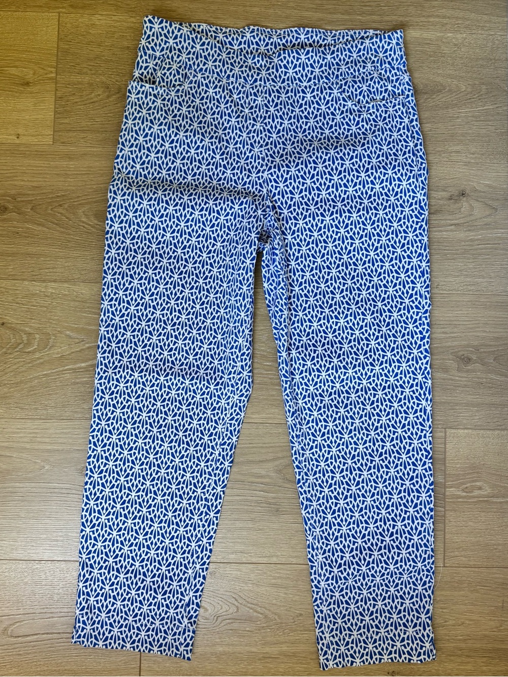 SlimSation Women’s Pull On Ankle Pants Size 8 Blue and White Pattern Style